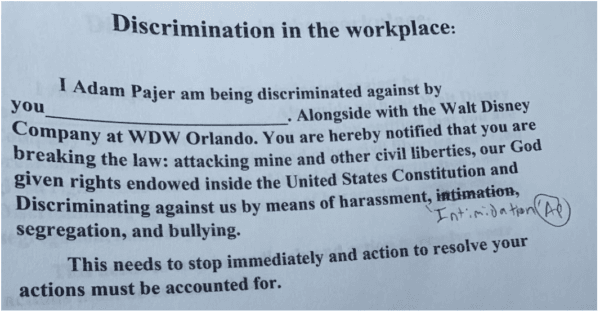 Discrimination notice that former Disney employee Adam Pajer handed out to supervisors. (Screen Shot/The Epoch Times)