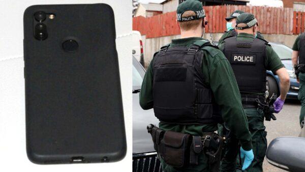 An undated image of an EncroChat handset (L) recovered during a raid by police in Northern Ireland (R) in July 2020. (Police Service of Northern Ireland)