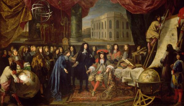 Jean Baptiste Colbert presenting the members of the Royal Academy of Sciences to Louis XIV in 1667. “Establishment of the French Academy of Sciences and of Paris Observatory,” by Henri Testelin after Charles Le Brun. The Palace of Versailles, Paris. (PD-US)