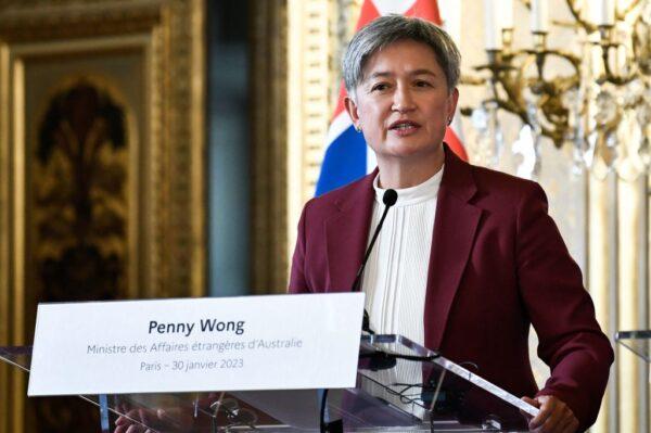 Australian Foreign Minister Penny Wong speaks during a press conference after a joint meeting with her French counterpart at Quai dOrsay in Paris, on Jan. 30, 2023. (Stephane de Sakutin/AFP via Getty Images)