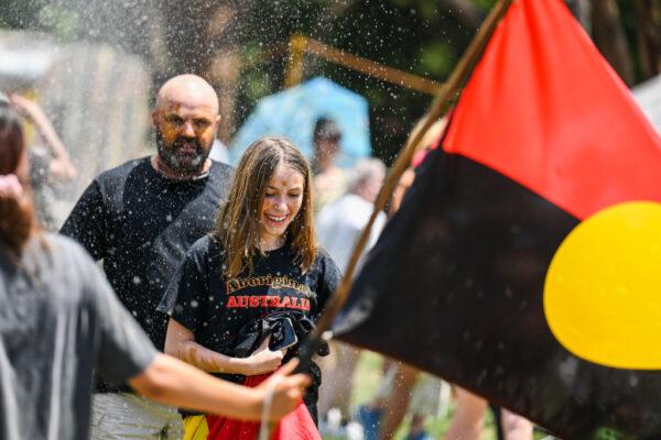 The Aboriginal Tent Embassy holds a family BBQ and entertainment in Canberra, Australia, on Jan. 26, 2023. (Martin Ollman/Getty Images)