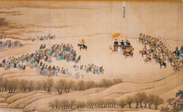 "The Kangxi Emperor's Southern Inspection Tour, Scroll Four: Shandong-Jiangsu Border to Confluence of the Yellow and Huai Rivers," between 1632 and 1717, by Wang Hui. Guimet Museum. (PD-US)