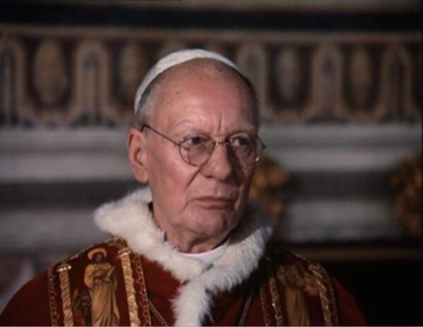 Pope Pius XII (John Gielgud) privately supports the work of Msgr. Hugh Flaherty, in "The Scarlet and the Black." (ITC Entertainment)