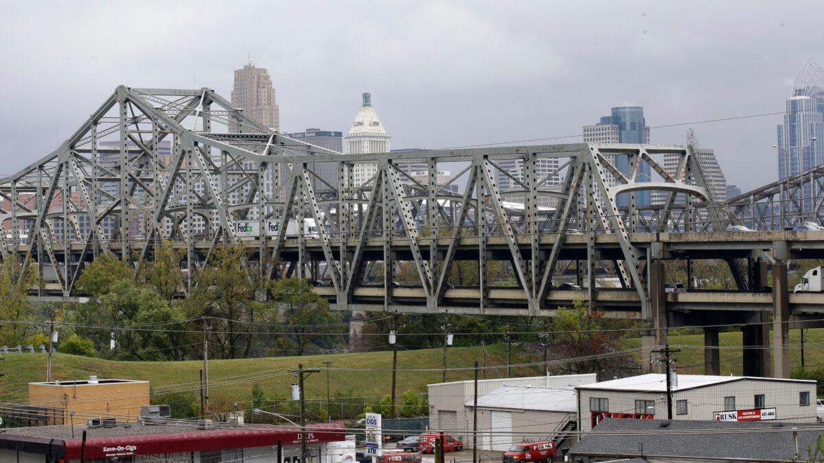 The Brent Spence Bridge, located on the Ohio River between Cincinnati, Ohio, and Covington, Ky., will receive a $1.64 billion boost from the $1.2 trillion Infrastructure Investment and Jobs Act (IIJA) to accelerate the $3.6 billion plan to improve the span and build a companion bridge. (Al Behrman/AP Photo)