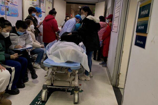 A dead person on a gurney at Tianjin First Center Hospital in Tianjin on Dec. 28, 2022. (Noel Celis/AFP via Getty Images)