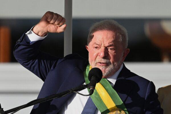 Brazil's new President Luiz Inacio Lula da Silva delivers an inaugural speech at Planalto Palace after his inauguration ceremony at the National Congress, in Brasilia, Brazil, on Jan. 1, 2023. (Evaristo Sa/AFP via Getty Images)