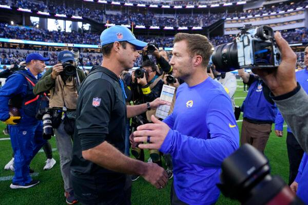 Los Angeles Chargers head coach Brandon Staley, left, and Los Angeles Rams head coach Sean McVay shake hands after an NFL football game in Inglewood, Calif., on Jan. 1, 2023. (Mark J. Terrill/AP Photo)