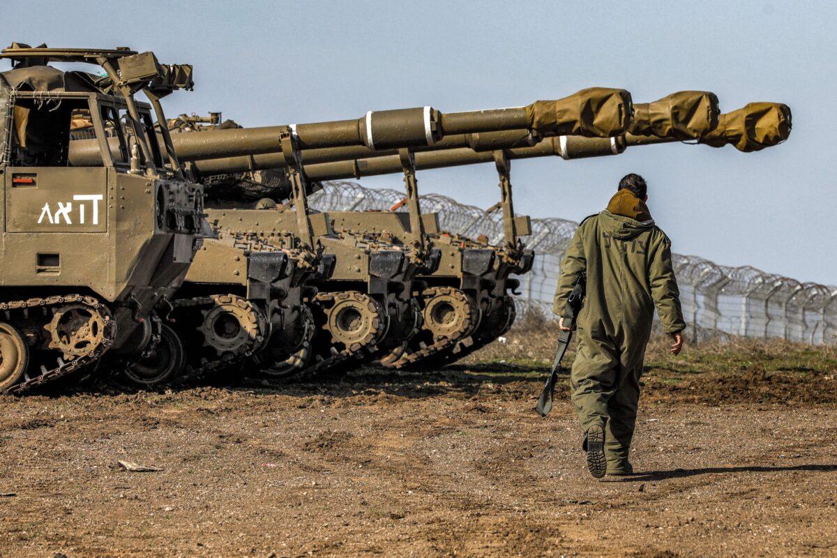 Israeli army M109 155mm self-propelled howitzers are positioned in the Israeli-annexed Golan Heights near the Syria border on Jan. 2, 2023. (Jalaa Marey/AFP via Getty Images)