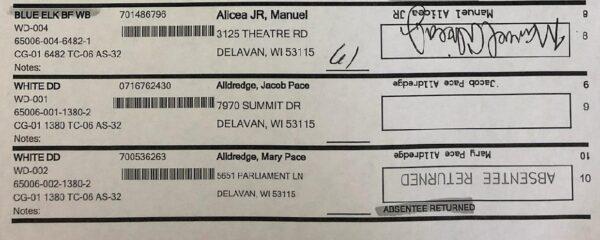 A view of the poll book from the 2020 election in Delavan, Wisc. (Courtesy of Sandy Alldredge)