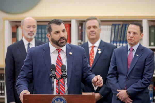 State Rep. Mark Rozzi, speaking at a 2019 press conference at Muhlenberg High School about childhood sexual abuse. Behind him are Gov. Tom Wolf, Rep. Jim Gregory and then Attorney General Josh Shapiro. (Commonwealth Media Service)
