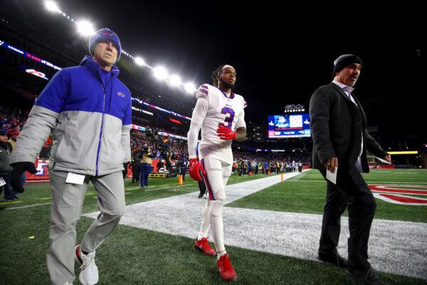 Safety Damar Hamlin #3 of the Buffalo Bills walks off the field after being ejected for a hit on wide receiver Jakobi Meyers #16 of the New England Patriots at Gillette Stadium in Foxborough, Mass., on Dec. 1, 2022. (Adam Glanzman/Getty Images)