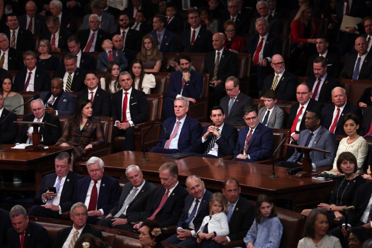 U.S. House Minority Leader Kevin McCarthy (R-Calif.) (C) sits among colleagues as Representatives cast their votes for Speaker of the House on the first day of the 118th Congress in the House Chamber of the U.S. Capitol Building in Washington on Jan. 3, 2023. (Win McNamee/Getty Images)
