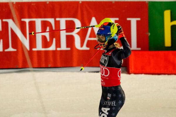 United States' Mikaela Shiffrin reacts after winning an alpine ski, women's World Cup slalom race, in Zagreb, Croatia, on Jan. 4, 2023. (Piermarco Tacca/AP Photo)