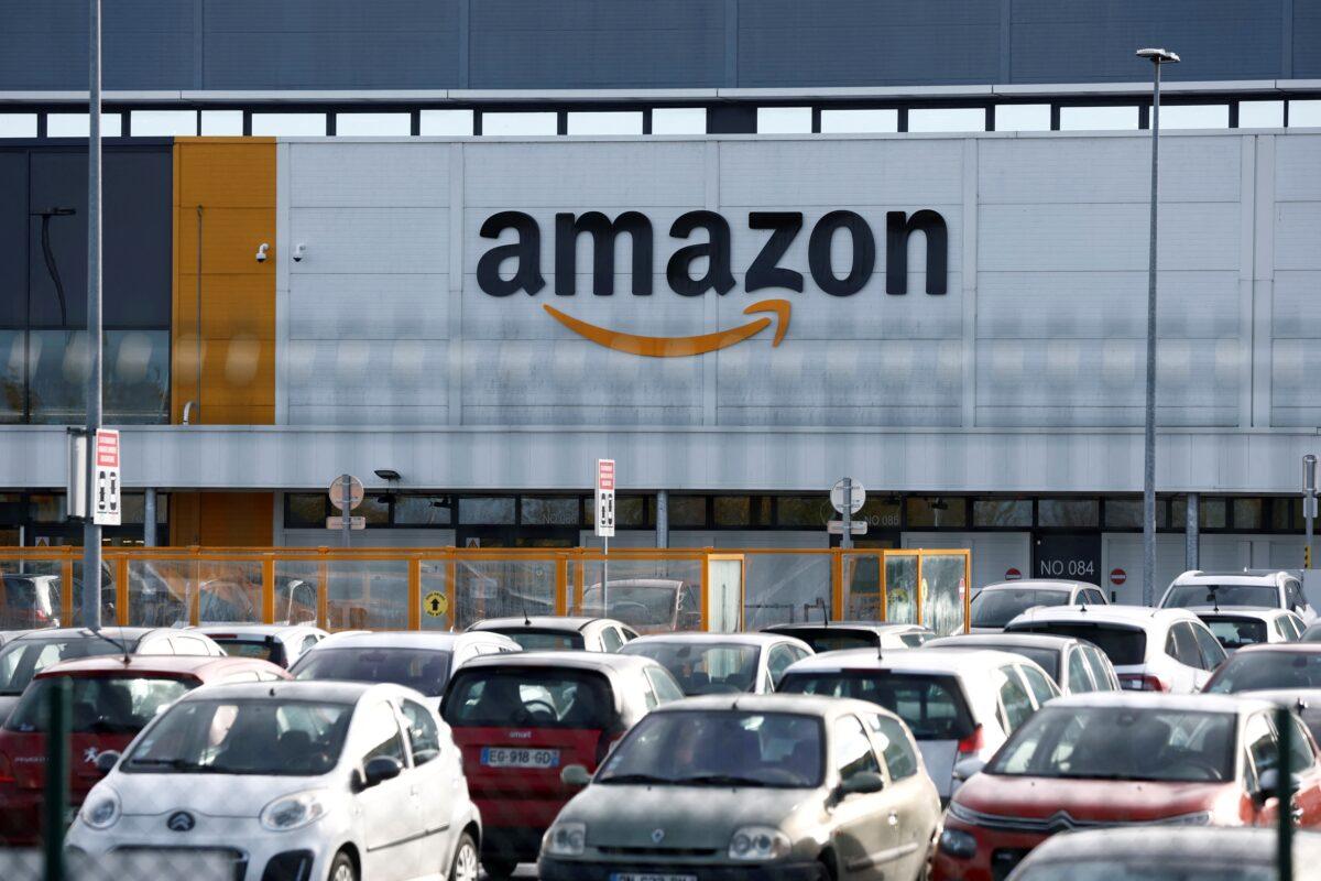 The logo of Amazon at the company's logistics center in Bretigny-sur-Orge, near Paris on Nov. 25, 2022. (Benoit Tessier/Reuters)