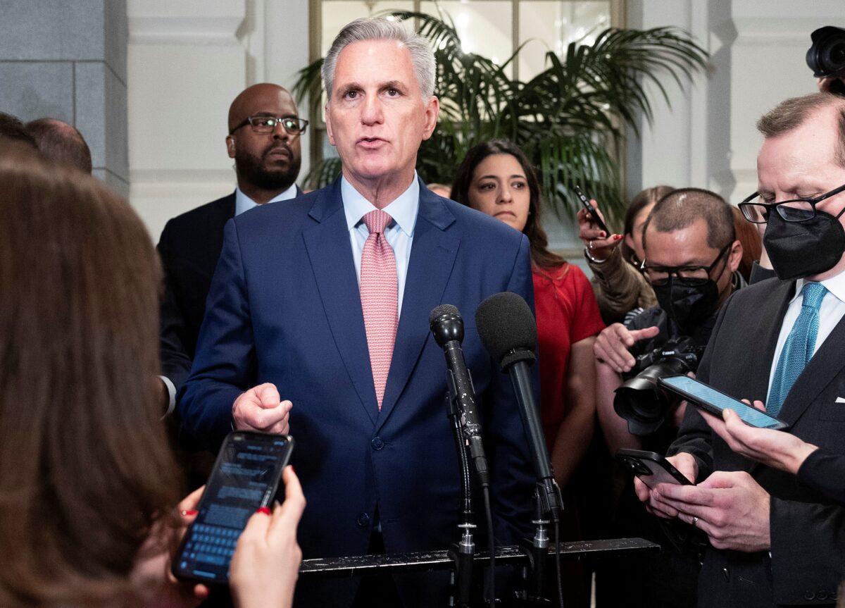 U.S. House Minority Leader Kevin McCarthy (R-Calif.) speaks to reporters following a meeting with House Republicans at the U.S. Capitol Building in Washington on Jan. 3, 2023. (Kevin Dietsch/Getty Images)