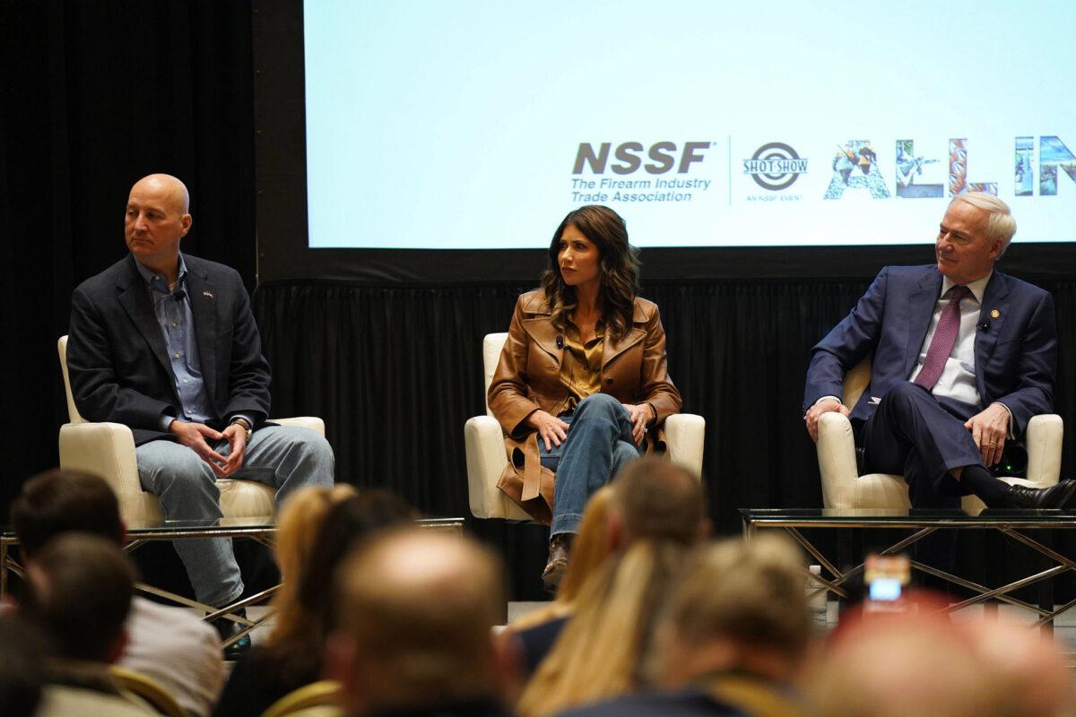 Nebraska Gov. Pete Ricketts (L); South Dakota Gov. Kristi Noem (C); and Arkansas Gov. Asa Hutchinson (R), participated in the first SHOT Show Governors' Forum in 2022. SHOT Show is owned and hosted each year by the National Shooting Sports Foundation. (Courtesy of NSSF)