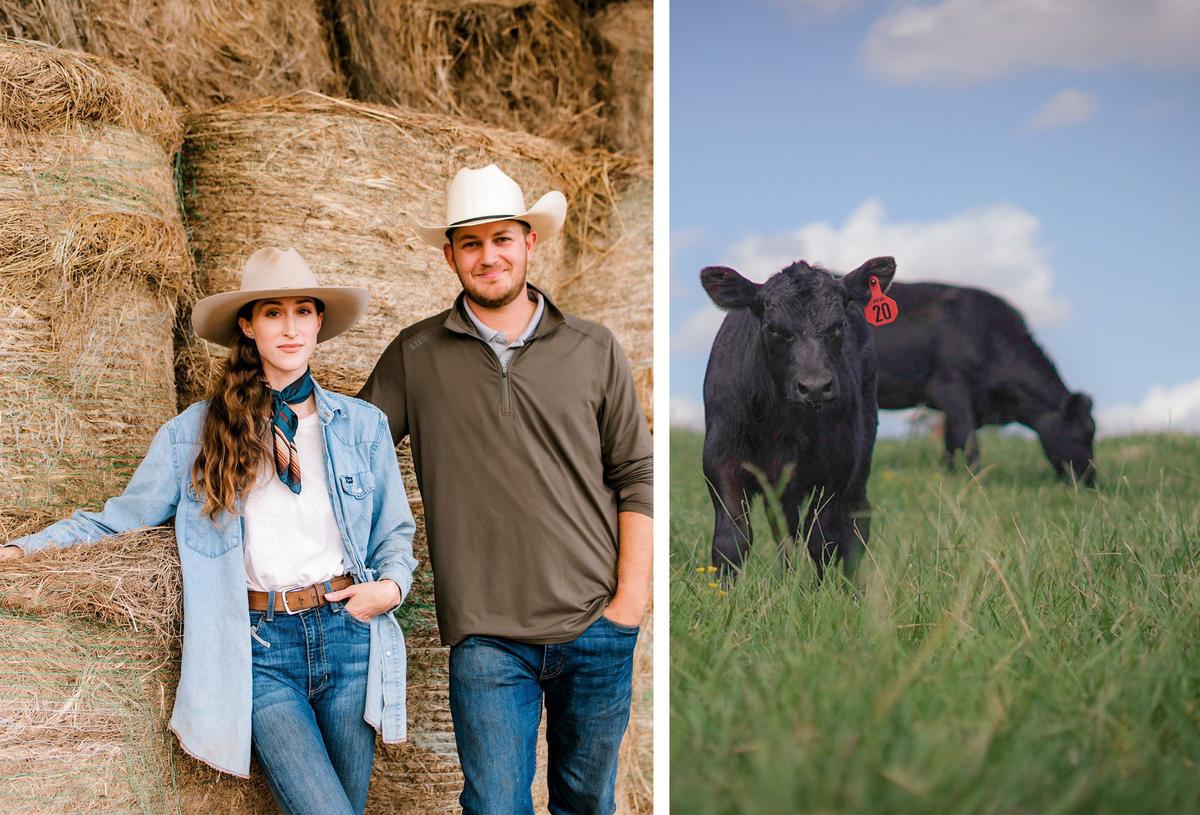 (L) Avery Claire and her hubby pose next to their stacked hay bails; (R) A calf stares at the photographer with cows in the background on the farm. (Courtesy of <a href="https://www.instagram.com/lilyhillcattle/">Avery Claire</a>)