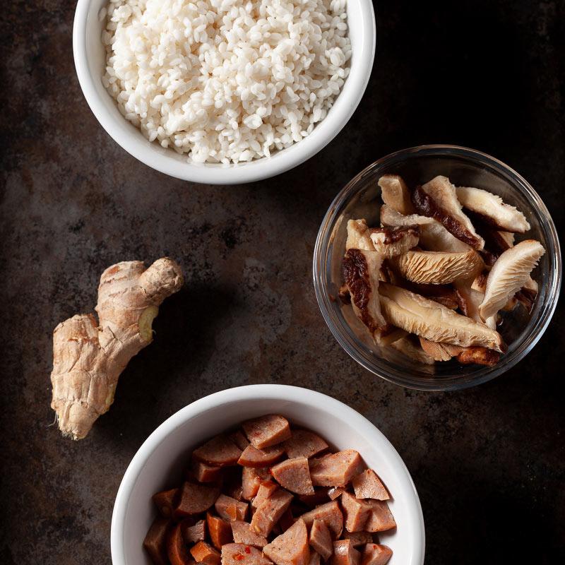 Fresh ginger, shiitake mushrooms, and protein. (Courtesy of Amy Dong)