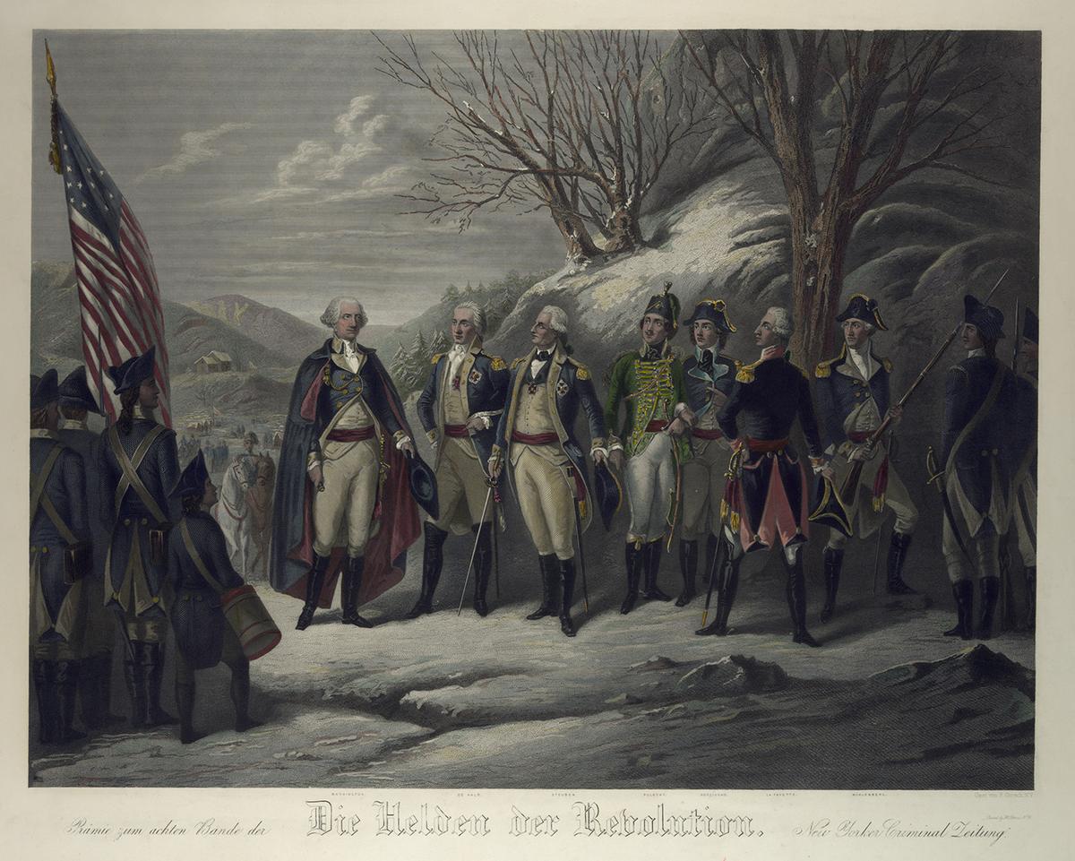 General Washington standing with Johann De Kalb, Baron von Steuben, Kazimierz Pulaski, Tadeusz Kosciuszko, Lafayette, John Muhlenberg, and other officers during the Revolutionary War. "The Heroes of the Revolution," between 1850 and 1890, by Frederick Girsch. Library of Congress. (Public Domain)