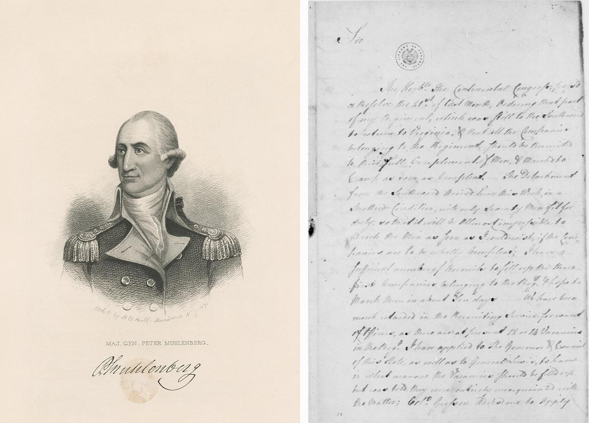 Gen. Peter Muhlenberg and his correspondence with George Washington during the Revolutionary War. (L) "Maj. Gen. Peter Muhlenberg," between circa 1750–1880. (R) General Correspondence between Peter Muhlenberg and George Washington on Feb. 23, 1777. Library of Congress. (Public Domain)