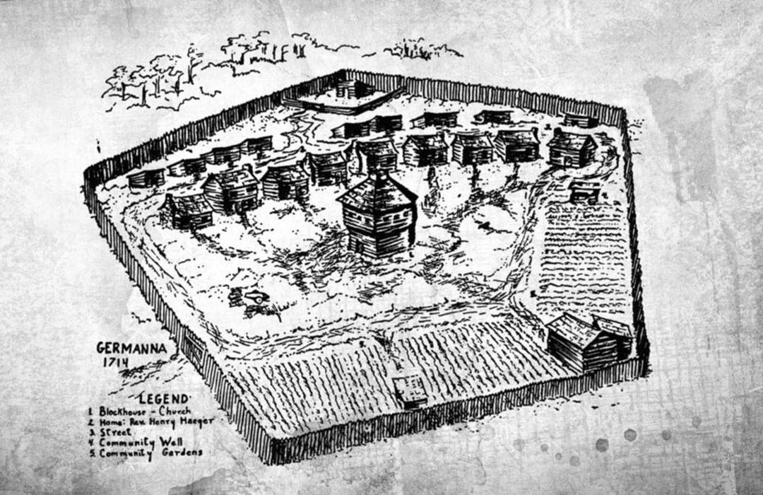 Mid-20th century drawing of Fort Germanna's possible layout and features. Photograph by Pete Payette, May 2, 2017. (Courtesy of <a href="https://www.hmdb.org/about.asp">Historical Marker Database</a>)