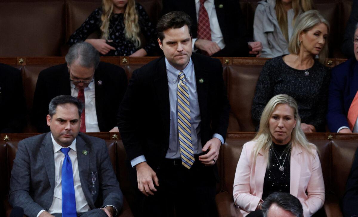 Rep. Matt Gaetz (R-FL) casts his vote for Speaker of the House for former U.S. President Donald Trump as he stands next to Rep. Marjorie Taylor Greene (R-GA) during a 7th round of voting for Speaker of the House on the third day of the 118th Congress at the U.S. Capitol in Washington on Jan. 5, 2023. (Reuters/Evelyn Hockstein)