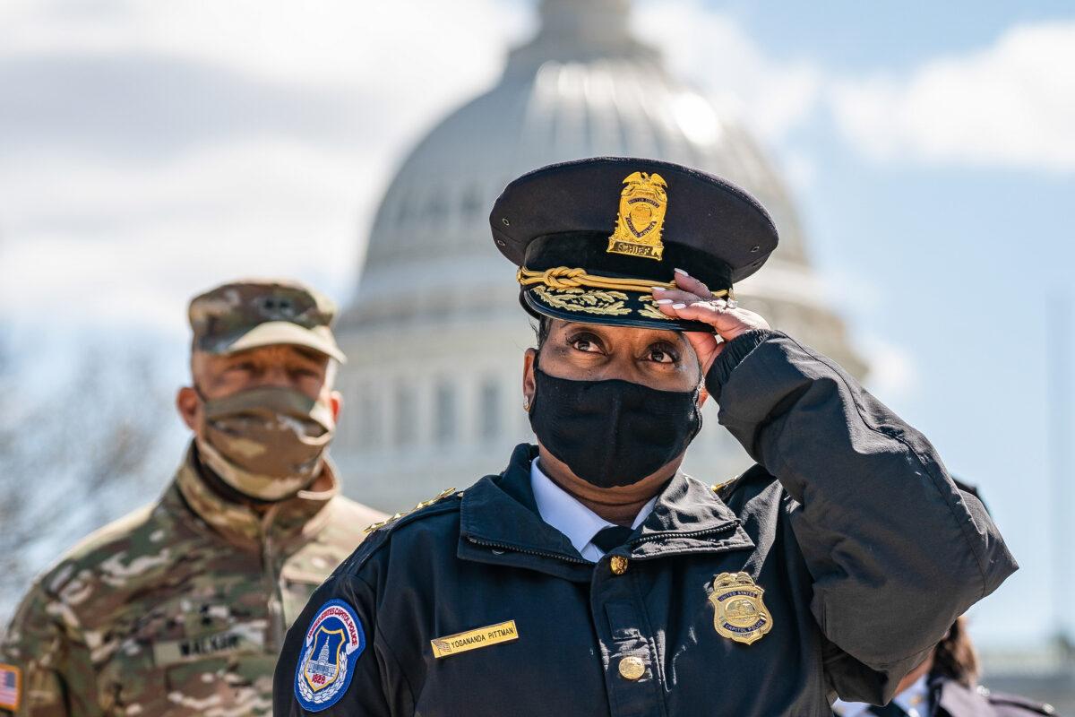 Acting Capitol Police Chief Yogananda Pittman attends a press briefing about a security incident at the U.S. Capitol on April 2, 2021. Pittman announced that one police officer was dead after a man rammed his vehicle into a Capitol barricade. (Drew Angerer/Getty Images)