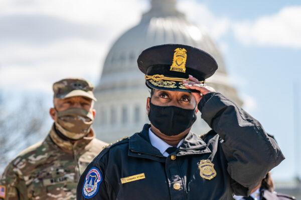 Acting Capitol Police Chief Yogananda Pittman attends a press briefing about a security incident at the U.S. Capitol on April 2, 2021. Pittman announced that one police officer is dead after a man rammed his vehicle into a Capitol barricade. (Drew Angerer/Getty Images)