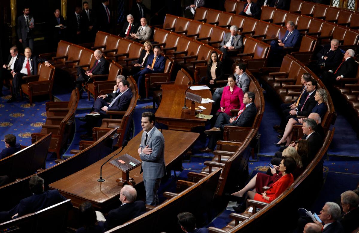 U.S. Rep.-elect Matt Gaetz (R-Fla.) delivers remarks in the House Chamber during the fourth day of elections for Speaker of the House at the U.S. Capitol Building in Washington on Jan. 6, 2023. (Chip Somodevilla/Getty Images)