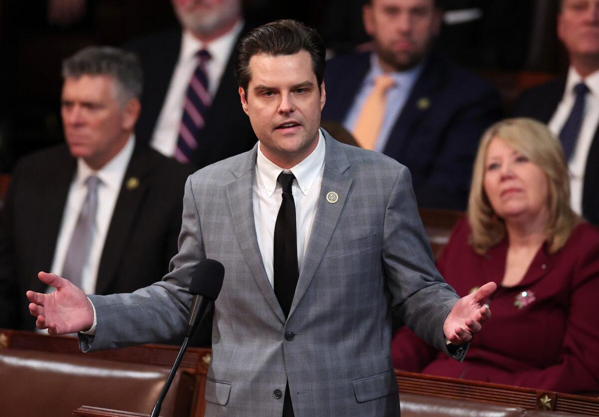 Rep.-elect Matt Gaetz (R-Fla.) delivers remarks in the House Chamber during the fourth day of elections for Speaker of the House at the U.S. Capitol Building in Washington, on Jan. 06, 2023. (Win McNamee/Getty Images)