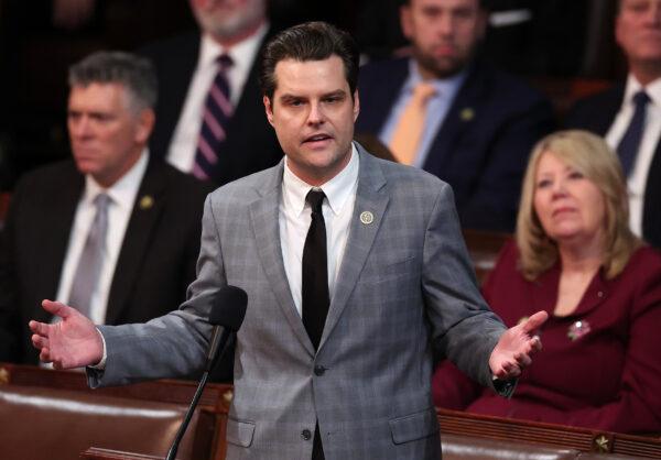 Rep.-elect Matt Gaetz (R-Fla.) delivers remarks in the House Chamber during the fourth day of elections for Speaker of the House at the U.S. Capitol Building in Washington, on Jan. 6, 2023. (Win McNamee/Getty Images)