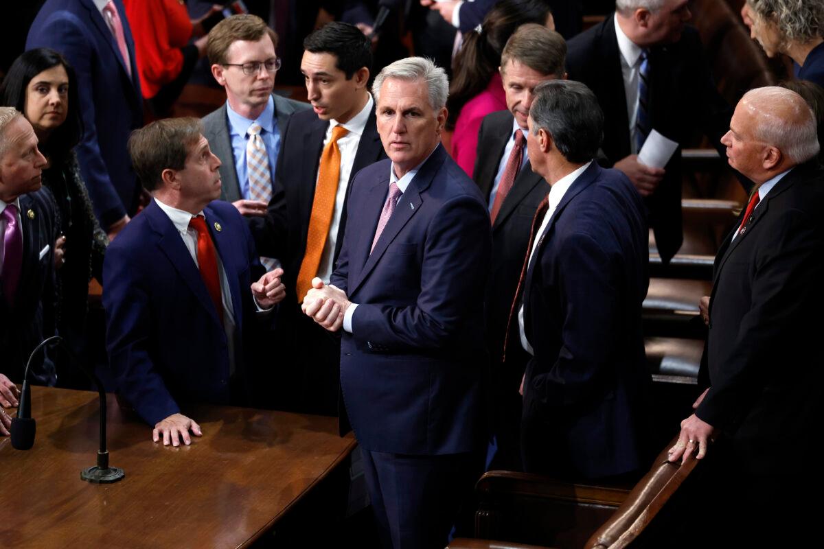 U.S. House Republican Leader Kevin McCarthy (R-Calif.) listens to floor proceedings in the House Chamber during the fourth day of elections for speaker of the House, at the U.S. Capitol Building in Washington, on Jan. 6, 2023. (Chip Somodevilla/Getty Images)