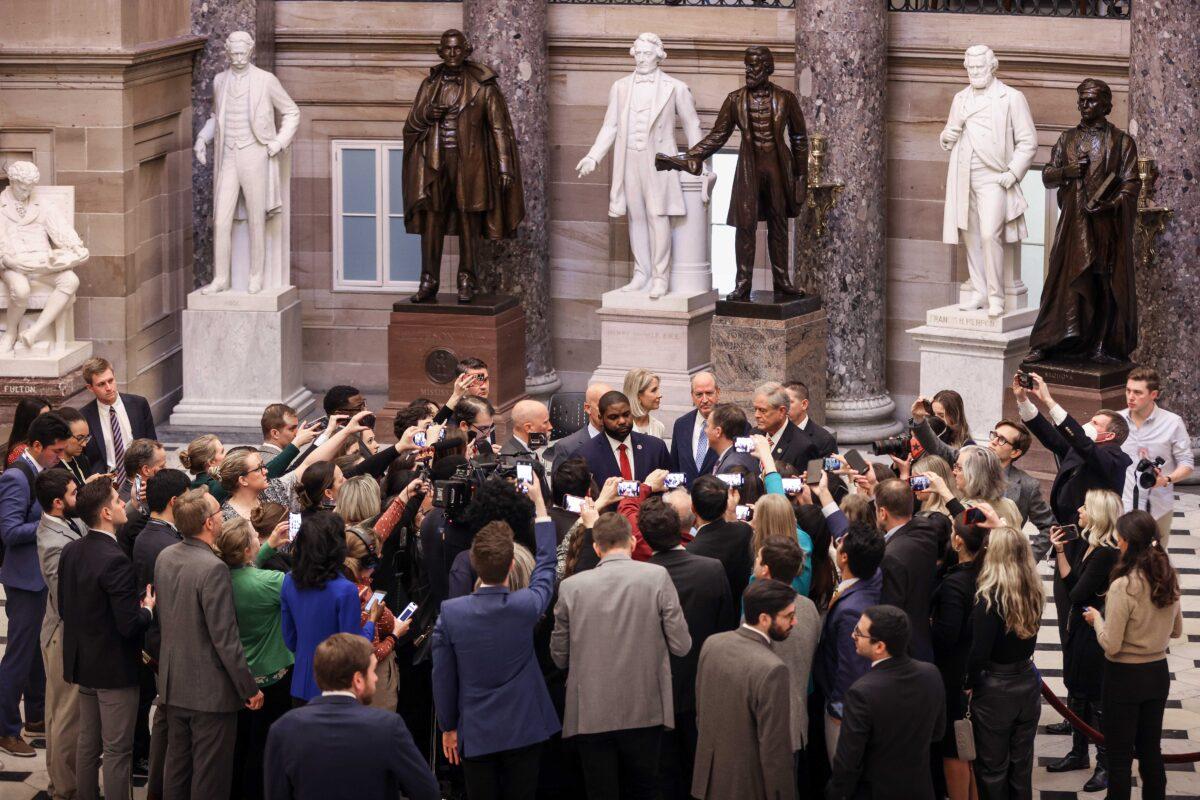 Rep.-elect Chip Roy (R-Texas), Rep.-elect Mary Miller (R-Ill.), Rep.-elect Scott Perry (R-Pa.), Rep.-elect Byron Donalds (R-Fla.) and others talk to reporters in Statuary Hall after switching their support for Speaker of the House to Republican leader Kevin McCarthy (R-Calif.) during the fourth day of elections at the U.S. Capitol Building in Washington on Jan. 6, 2023. (Tasos Katopodis/Getty Images)