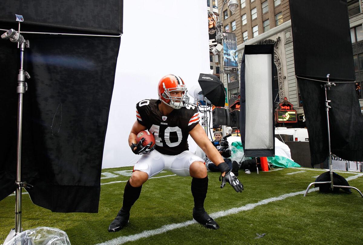 Peyton Hillis #40 of the Cleveland Browns participates in a photo shoot for the cover of EA Sports Madden NFL 12 in Time Square, N.Y.C., on April 28, 2011. (Mike Stobe/Getty Images for EA Sports)
