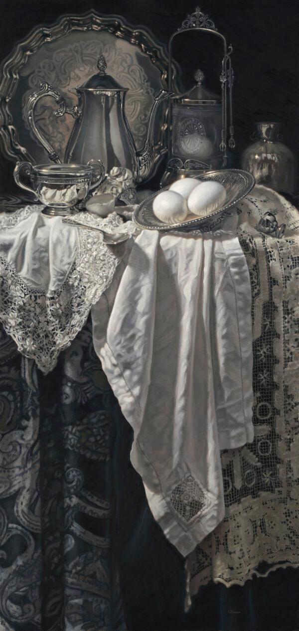"Silver and Lace With Eggs," 2022, by Susan Paterson. Oil on panel; 38 inches by 18 inches. Paterson won an ARC Purchase Award with this painting, and also second place in the still-life category of the 16th Art Renewal Center (ARC) Salon. (Hugo Ford/Image House)