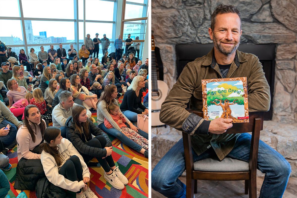 (L) Families attend Indy Public Library story hour; (R) Actor and author Kirk Cameron holds up his book "As You Grow." (Courtesy of Zach Bell and Brave Books)