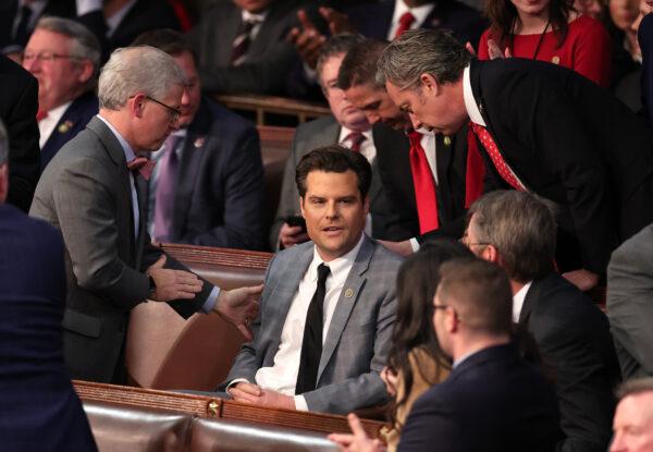 U.S. Rep.-elect Patrick McHenry (R-N.C.) (L) and Rep.-elect Andy Ogles (R-Tenn.) (R) talk to Rep.-elect Matt Gaetz (R-Fla.) in the House chamber during the fourth day of elections for speaker of the House at the U.S. Capitol Building on Jan. 6, 2023. (Win McNamee/Getty Images)