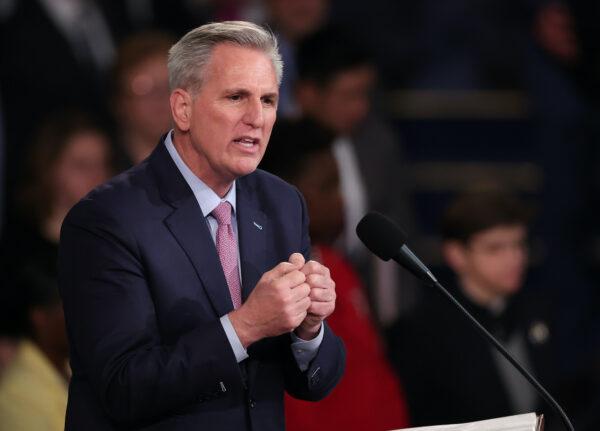 U.S. Speaker of the House Kevin McCarthy (R-Calif.) delivers remarks after being elected as Speaker in the House Chamber at the U.S. Capitol Building in Washington, on Jan. 7, 2023. (Win McNamee/Getty Images)