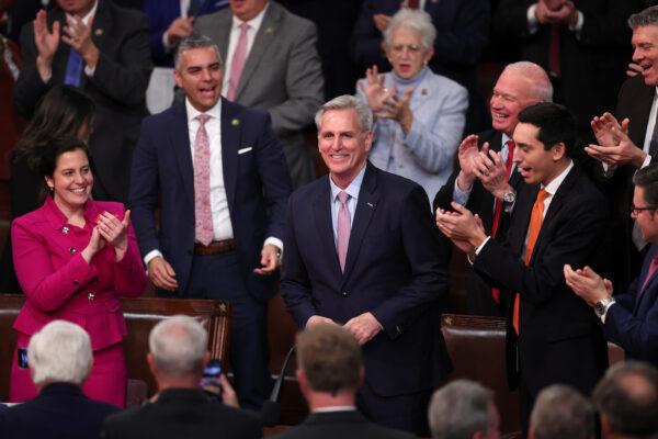 Republican members-elect celebrate as House Republican Leader Kevin McCarthy (R-Calif.) is elected Speaker of the House in the House Chamber at the U.S. Capitol Building in Washington, on Jan. 6, 2023. (Win McNamee/Getty Images)