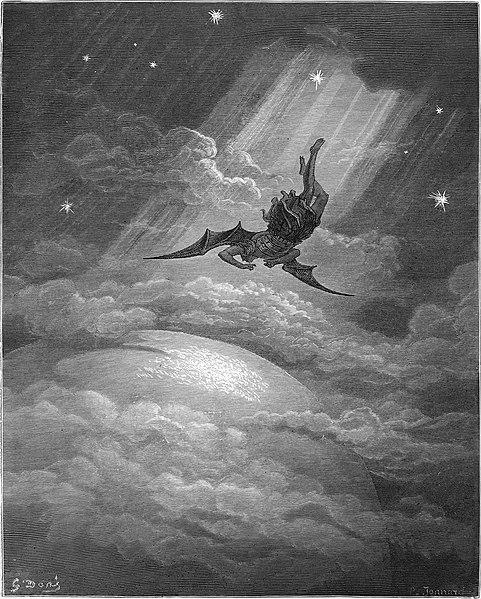 “Towards the coast of Earth beneath,/ Down from the ecliptic, sped with hoped success,/ Throws his steep flight in many an aery wheel” (III. 739–741), 1866, by Gustav Doré for John Milton’s “Paradise Lost.” Engraving. (Public Domain).