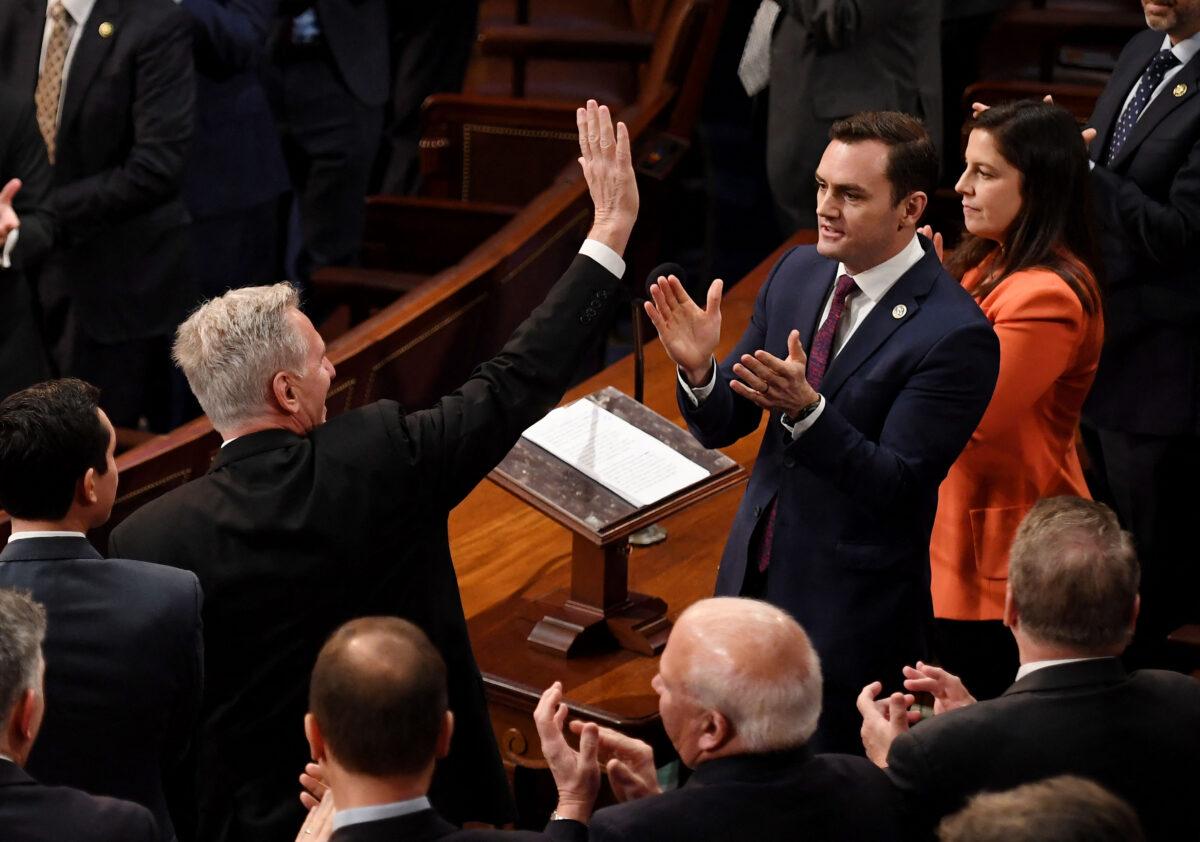 Rep. Mike Gallagher (R-Wisc.) (2nd R) nominates Rep. Kevin McCarthy (R-Calif.) to be speaker of the House at the U.S. Capitol in Washington, on Jan. 4, 2023. (Olivier Douliery/AFP via Getty Images)