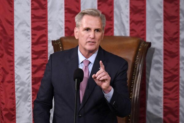 Rep. Kevin McCarthy (R-Calif.) delivers a speech after he was elected on the 15th ballot at the US Capitol in Washington, on Jan. 7, 2023. (Olivier Douliery/AFP via Getty Images)