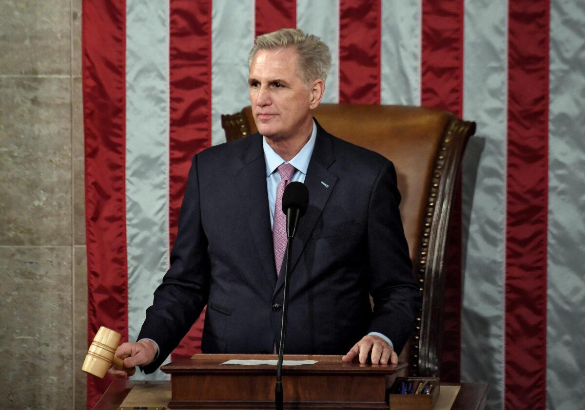 Rep. Kevin McCarthy (R-Calif.) holds the gavel after he was elected on the 15th ballot at the U.S. Capitol in Washington on Jan. 7, 2023. (Olivier Douliery/AFP via Getty Images)