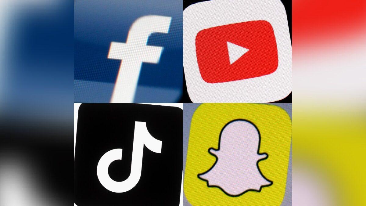 The logos of Facebook, YouTube, TikTok, and Snapchat on mobile devices in a combination of 2017–22 photos. (AP Photo)