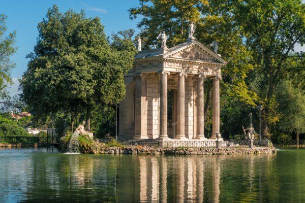 Set on an idyllic lake on an artificial island, the temple of Asclepius (the Greek god of medicine) showcases the classical architecture with its columns and pediment. Built in 1786 by Antonio Asprucci and his son Mario Asprucci, the temple is thought to be in memory of the ancient temple of Asclepius on Tiber Island. At the time, reproductions of ancient temples were a common decorative landscape feature. (Elena Popovich/Shutterstock)