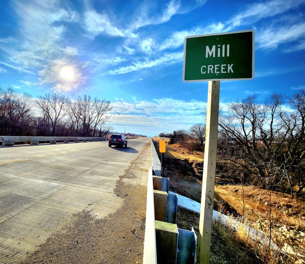 A sign marks a section of Mill Creek in Washington, Kansas, on Jan. 5, 2023. (Allan Stein/The Epoch Times)