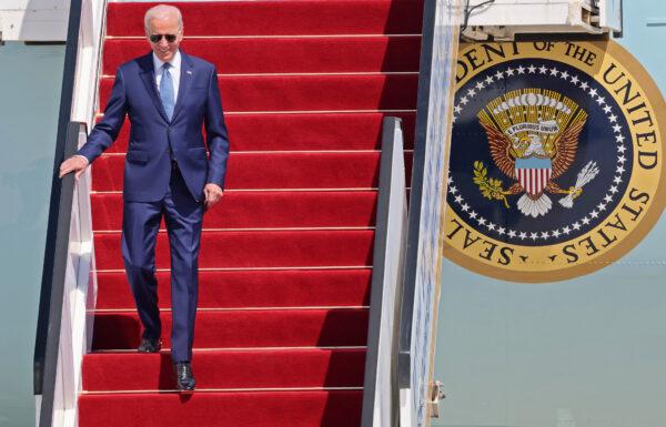 President Joe Biden disembarks from Air Force One upon landing at Ben Gurion Airport in Lod near Tel Aviv, on July 13, 2022, as he starts his first tour of the Middle East since entering the White House in 2021. (Photo by JACK GUEZ/AFP via Getty Images)