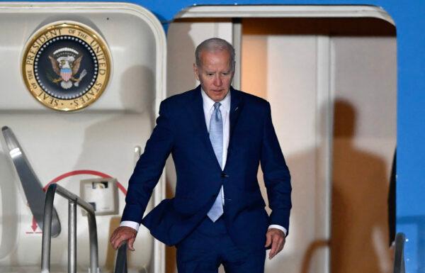 U.S. President Joe Biden disembarks upon landing at Felipe Ángeles International Airport in Zumpango de Ocampo, north of Mexico City, on Jan. 8, 2023. (Claudio Cruz/AFP via Getty Images)