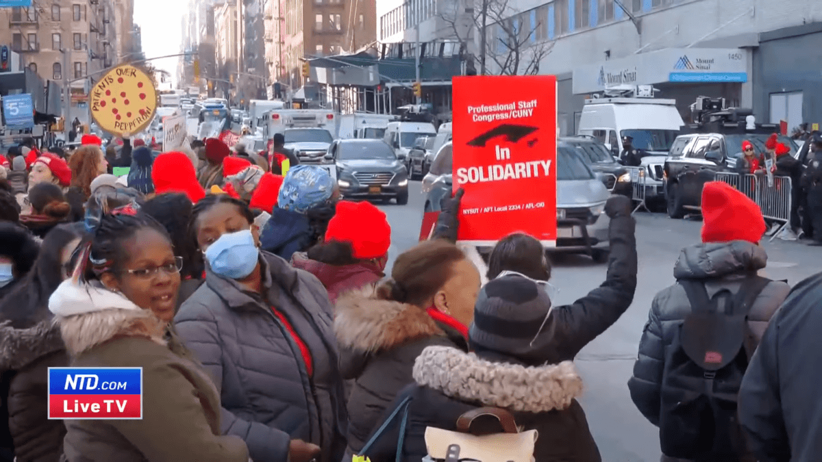 Thousands of nurses go on strike in New York on Jan. 9, 2023, in a still from video. (Reuters/Screenshot via NTD)