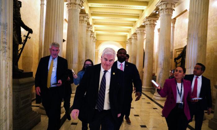 U.S. Rep.-elect Rep. Tom Emmer (R-Min.) talks to reporters as he leaves his office at the U.S. Capitol Building on Jan. 5, 2023. (Nathan Howard/Getty Images)
